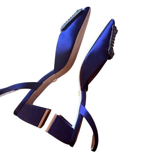 Badgley Mischka Navy Satin Pointed-Toe Slingback Heels w/ Crystal Buckle sz 8.5 - Picture 9 of 12